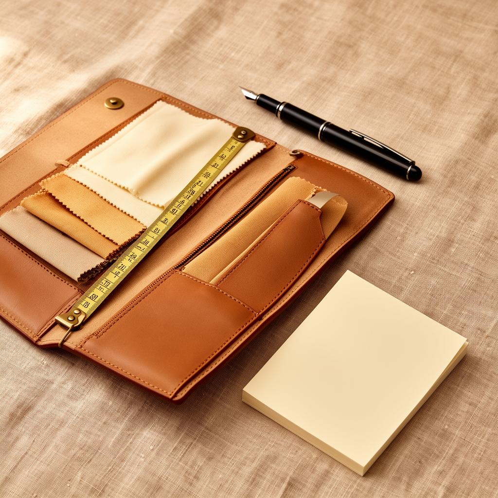 Open leather portfolio with fabric swatches, brass measure and fountain pen