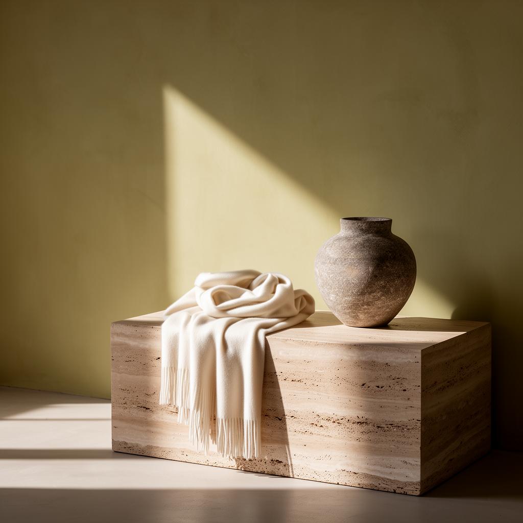 Sculptural still life with folded cashmere and stone vessel on travertine